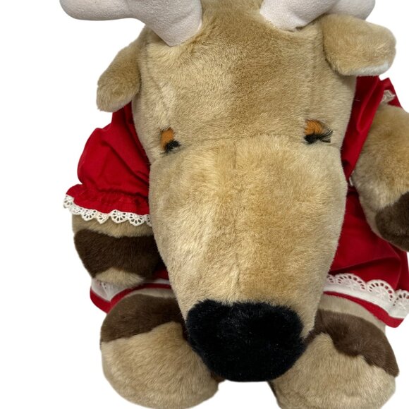Vintage Reindeer Plush Red Dress Lace Long Face Antlers 23" Tall - Picture 6 of 11